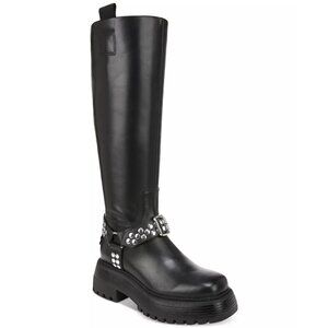 190$ Sam Edelman Hayes Metal-Trim Lug-Sole Stud Moto Boots Size 8.5 US Black